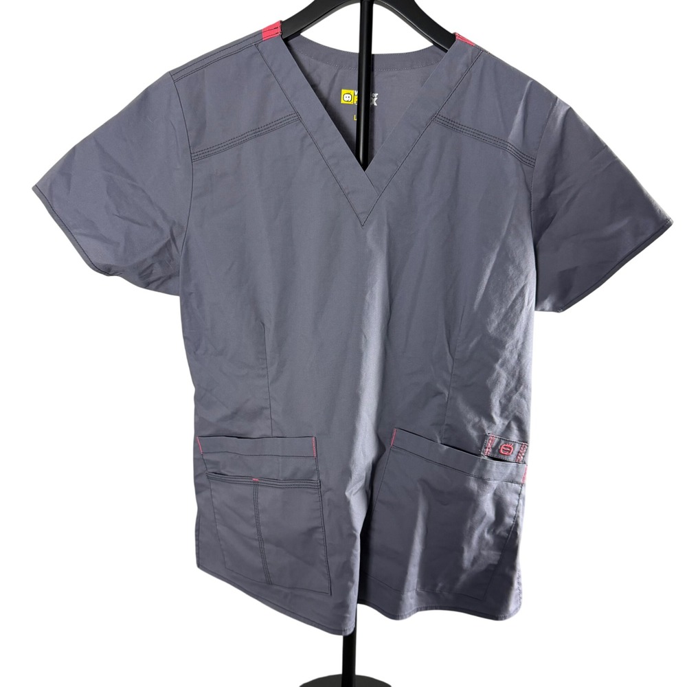 WonderFlex WonderWink Gray Pink V-Neck Scrub Top Womens Large Stretch Medical